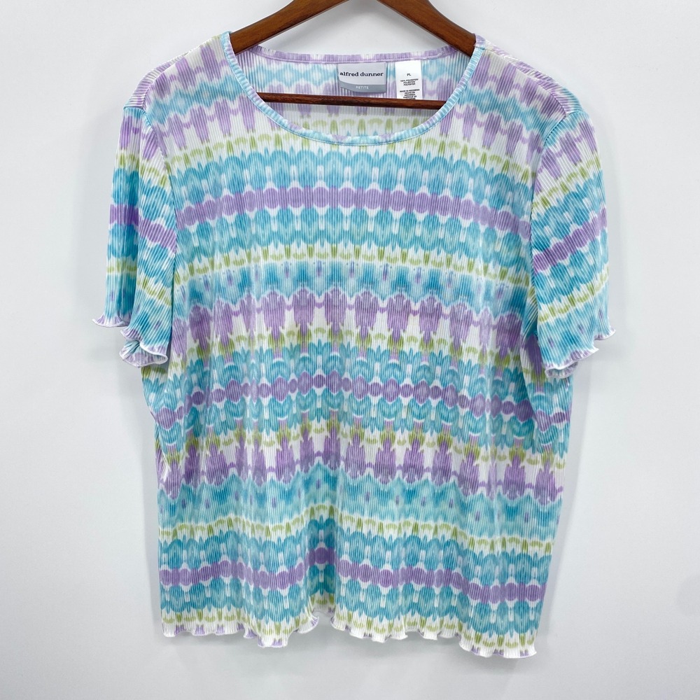 Alfred Dunner Top Womens Petite PL Pastel Ikat Pleated Lettuce Hem Spring Blouse